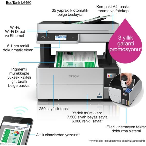 Epson Ecotank L6460 Yazıcı Tarayıcı Fotokopi - Görsel 3